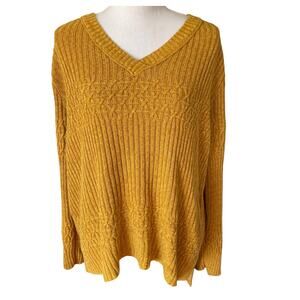 Universal Thread Woman's Size XL Mustard V Neck Hi Low Long Sleeve Knit Sweater